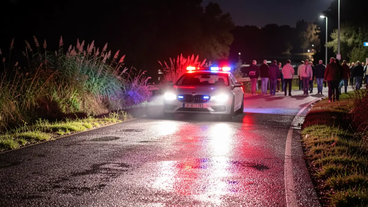 Imatge genèrica de llums d'emergència reflectint-se en asfalt mullat de nit prop d'un riu, amb vegetació desfocada i un vehicle parcialment cobert d'aigua.