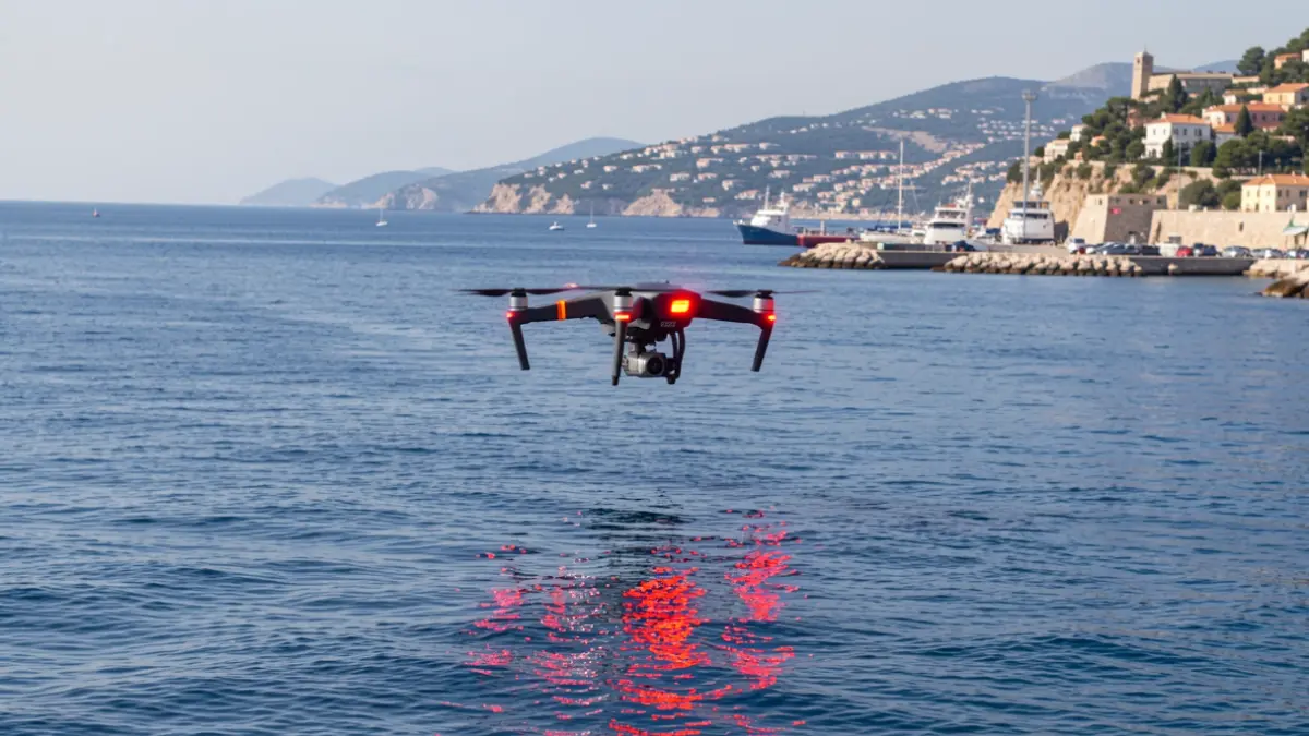 Imagen de un dron sobrevolando el mar cerca de un puerto.