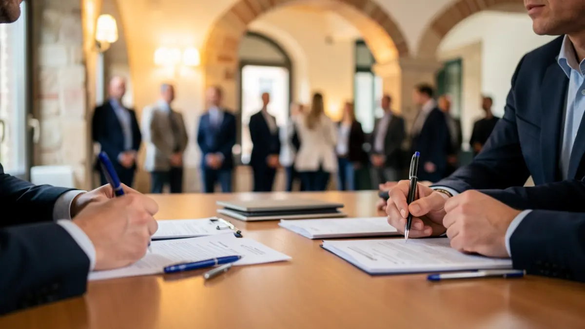 Imatge genèrica d'una taula de negociació amb documents i bolígrafs.