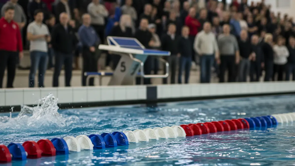 Imagen genérica de una piscina con cuerdas de carril y un bloque de salida, con luz brillante.