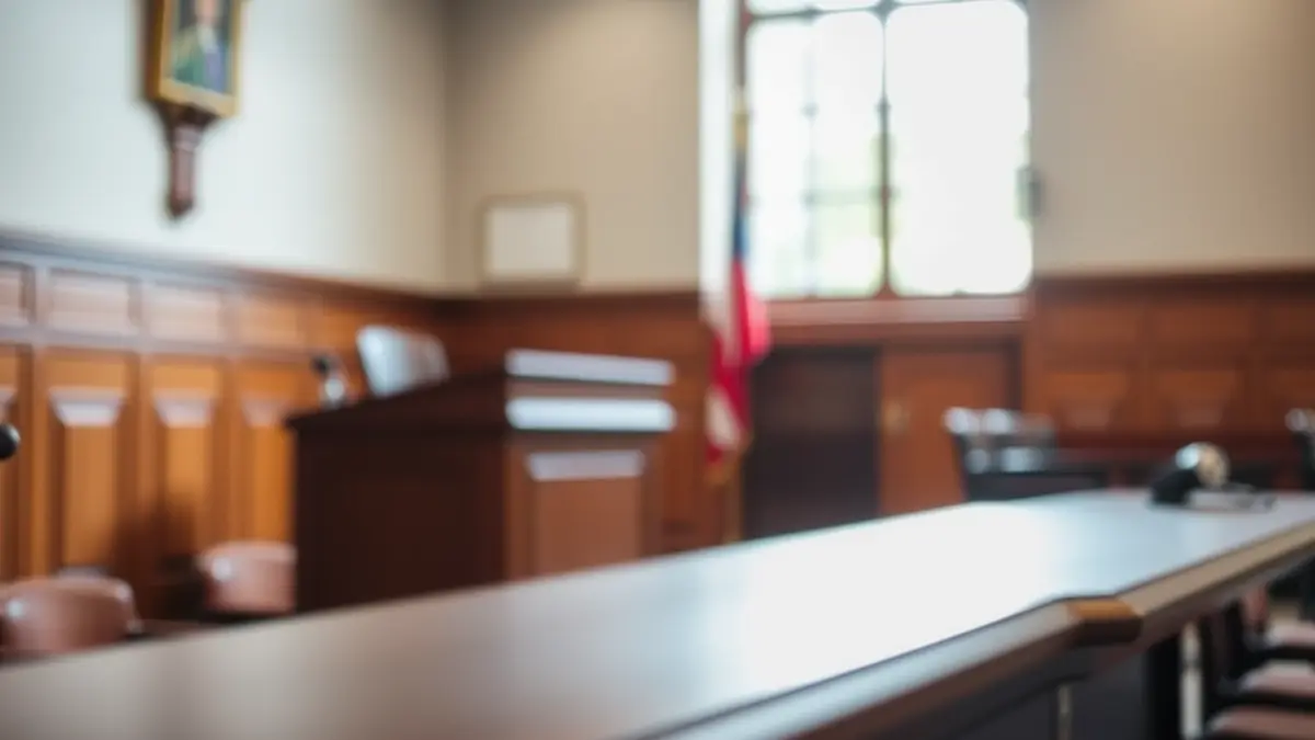 Generic image of a courtroom, with the judge's bench and witness stand out of focus, with natural light.