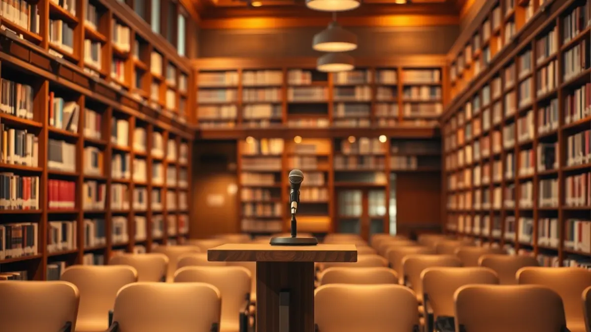 Generic image of a library interior with wooden bookshelves and a podium with a microphone, warm lighting.