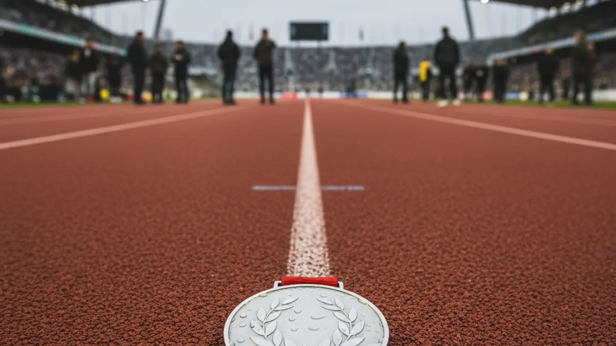 Generic image of a silver medal on an athletic track, symbolizing sporting achievement.