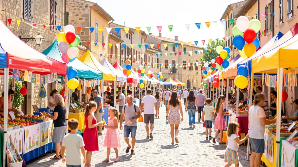 Generic image of a Mediterranean town square decorated for a children's festival.