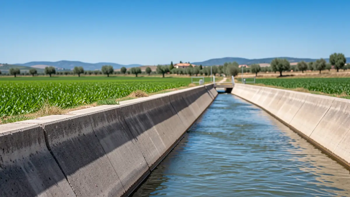 Imatge genèrica d'un canal d'irrigació renovat amb aigua corrent i camps al voltant.