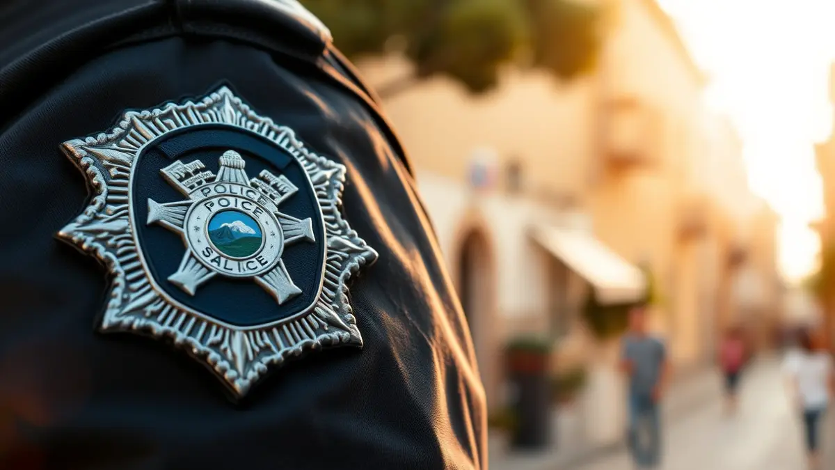 Imatge genèrica d'una placa de policia en un uniforme, amb un carrer de poble mediterrani desenfocat al fons.