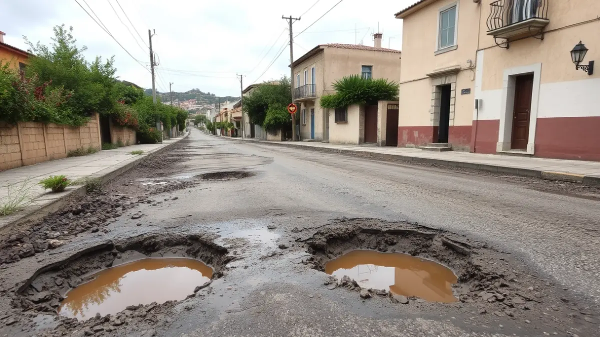 Imatge d'un carrer sense urbanitzar amb clots plens d'aigua i fang en una zona residencial.