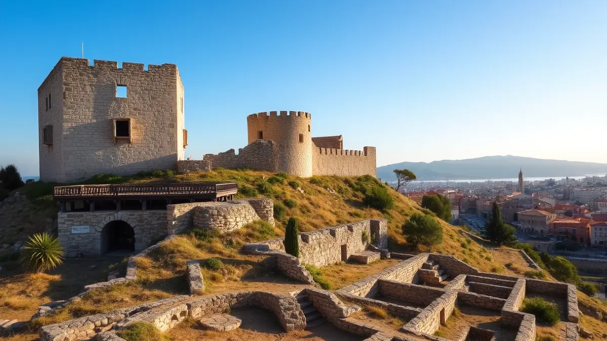 Imatge del Castell de Polop, amb les seues muralles i la torre restaurades, baix la llum del sol de la vesprada.