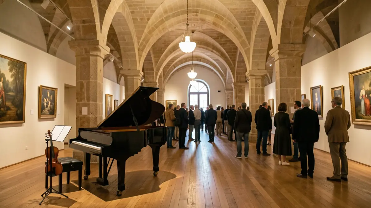 Image of the interior of the Centre del Carme with musical instruments prepared for a concert.