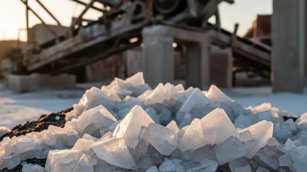 Image of a salt crystal, with blurred industrial machinery in the background, evoking the salt industry.
