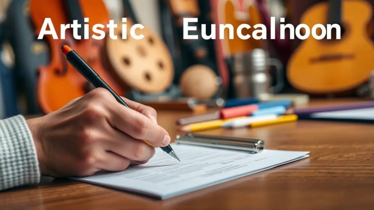Imagen genérica de una mano rellenando un formulario, con elementos artísticos desenfocados al fondo, simbolizando la matrícula en actividades culturales.