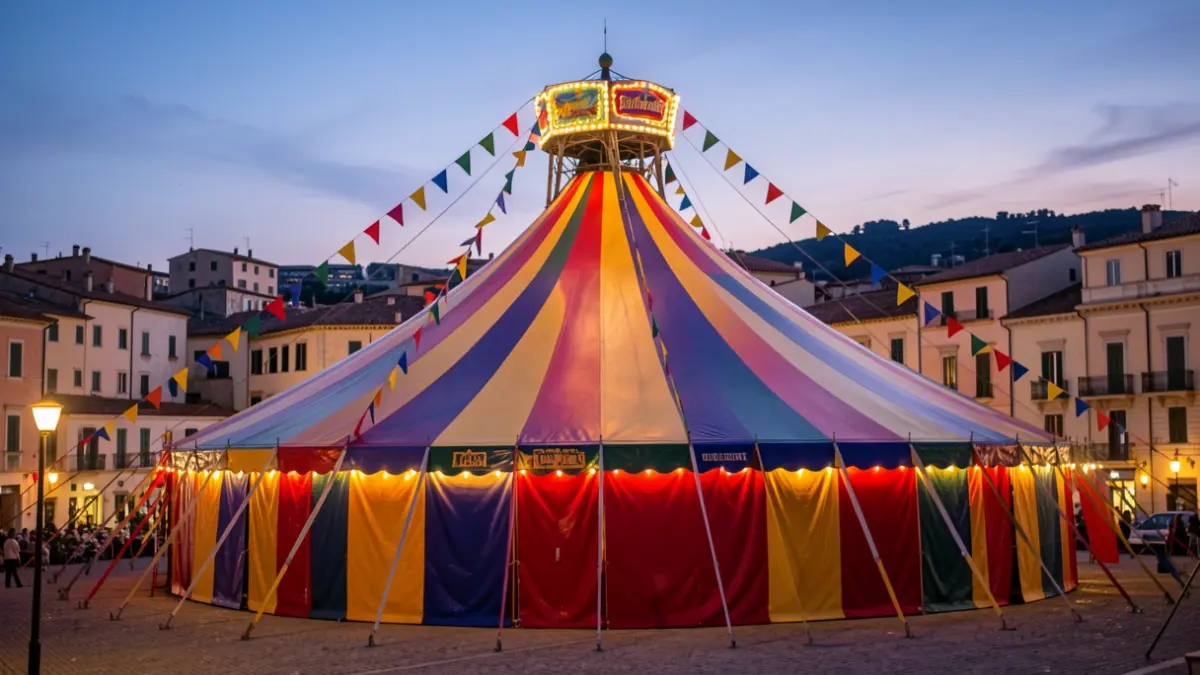 Imatge genèrica d'una carpa de circ amb llums festives.