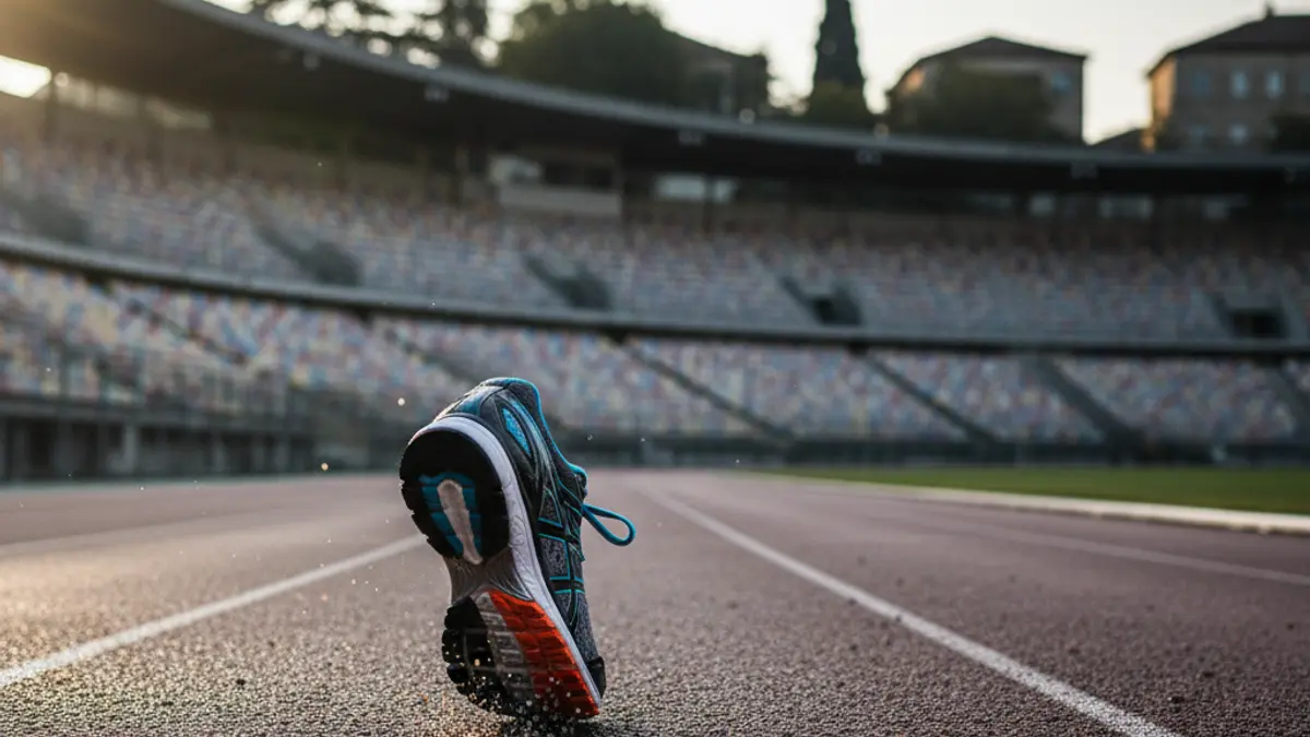 Generic image of a running shoe on an asphalt track, with a circuit grandstand in the background.