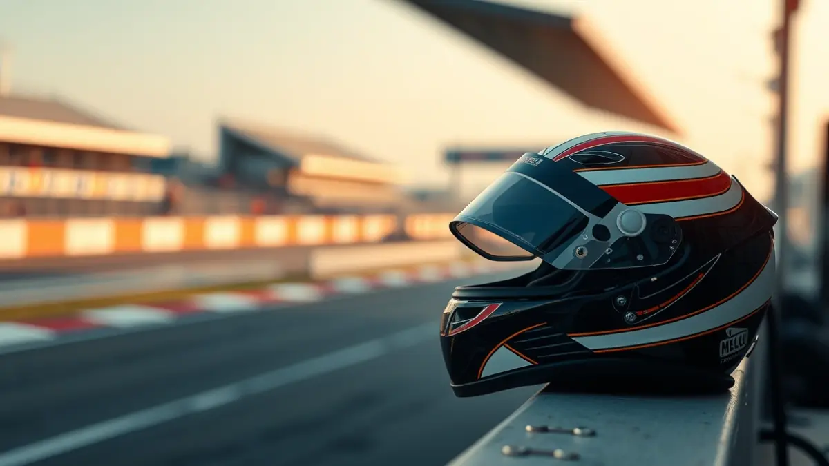 Imagen genérica de un casco de carreras en un circuito de motor, con la pista desenfocada al fondo.