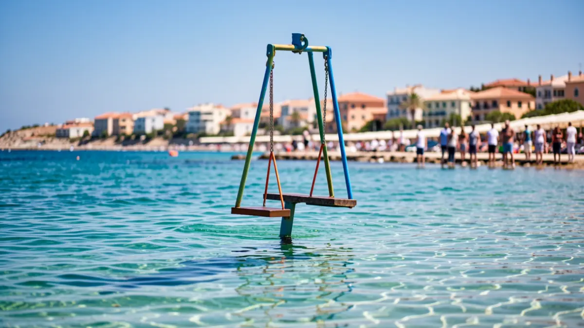 Generic image of a swing installed in the sea with coastal buildings in the background.