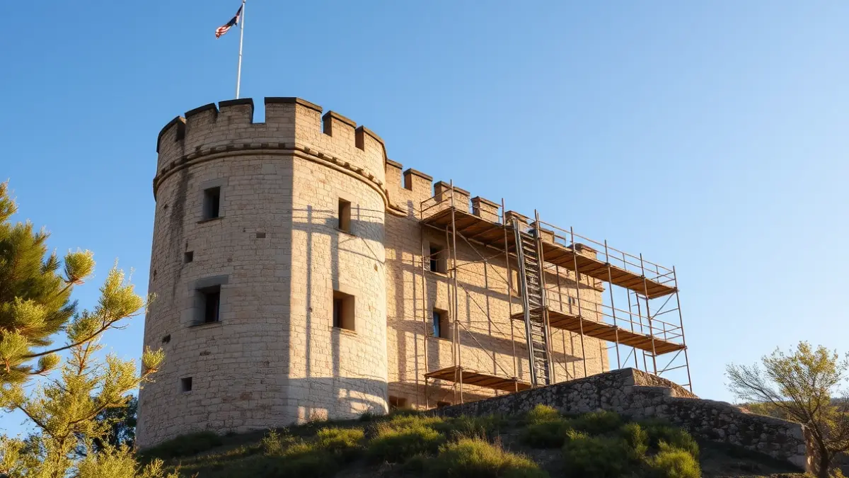 Image of a castle tower under restoration, with scaffolding, under the afternoon sun.