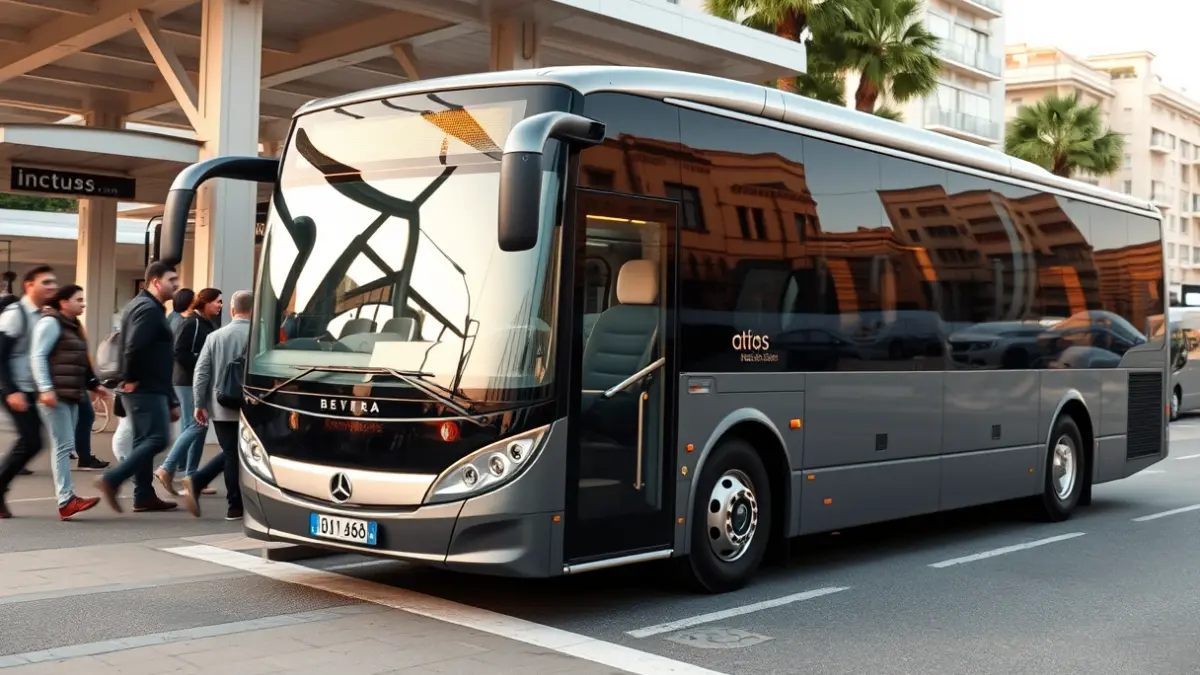 Imatge genèrica d'un autobús interurbà modern en una estació, amb passatgers pujant i llum càlida de vesprada.