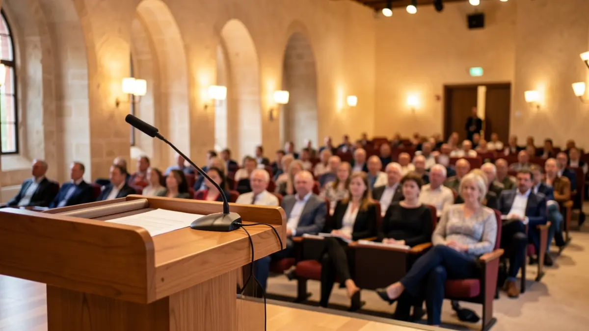Image of a conference room with a podium and microphones during an institutional event.