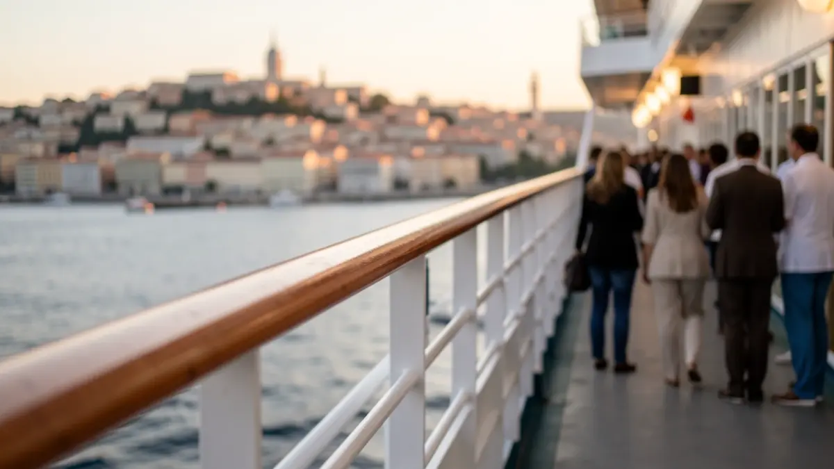 Generic image of a cruise ship in port with the city in the background.