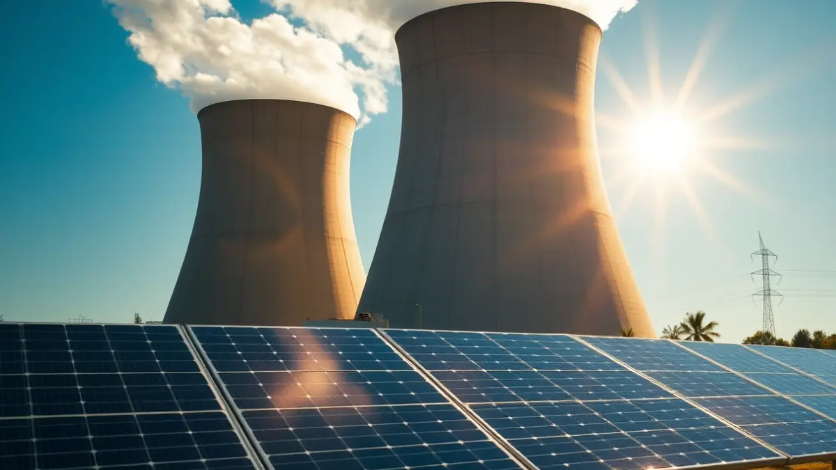 Image contrasting a nuclear power plant cooling tower with solar panels, symbolizing the energy debate.