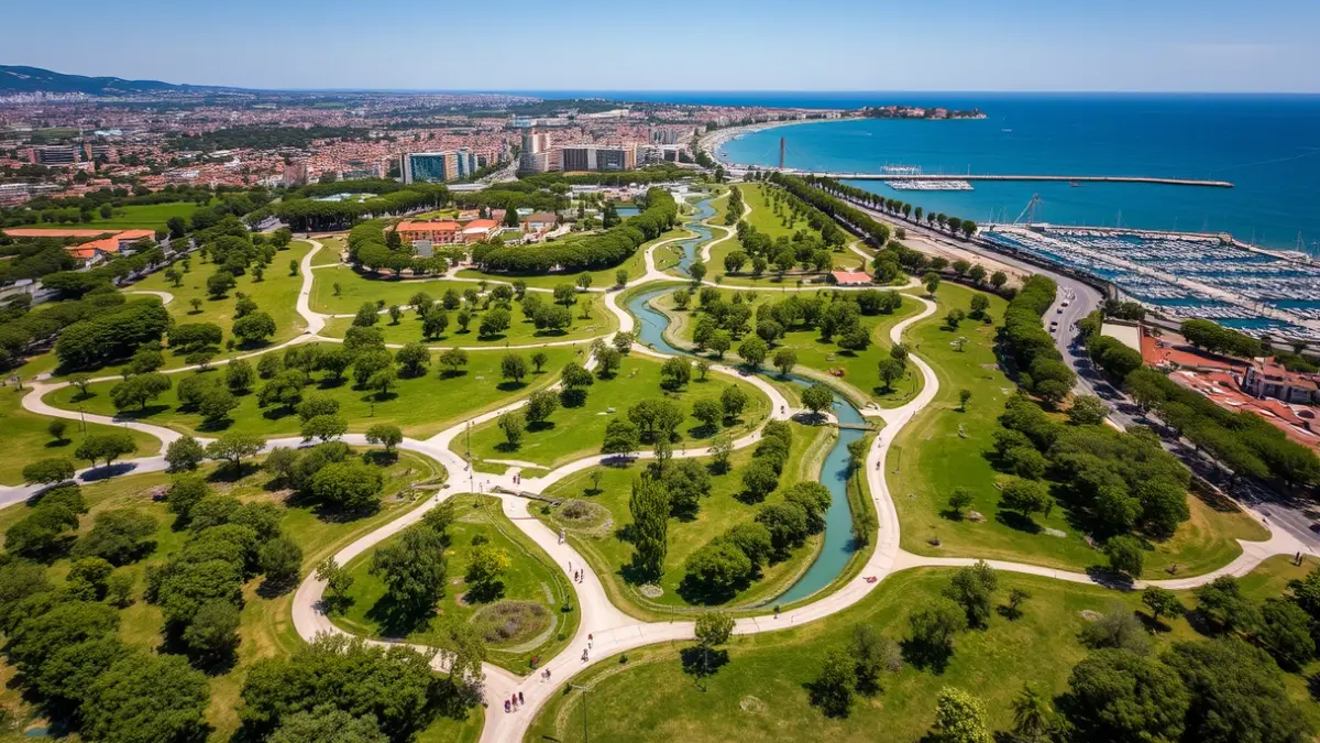 Imatge aèria d'un gran espai verd urbà connectant amb la costa i una marina, amb elements de gestió de l'aigua.