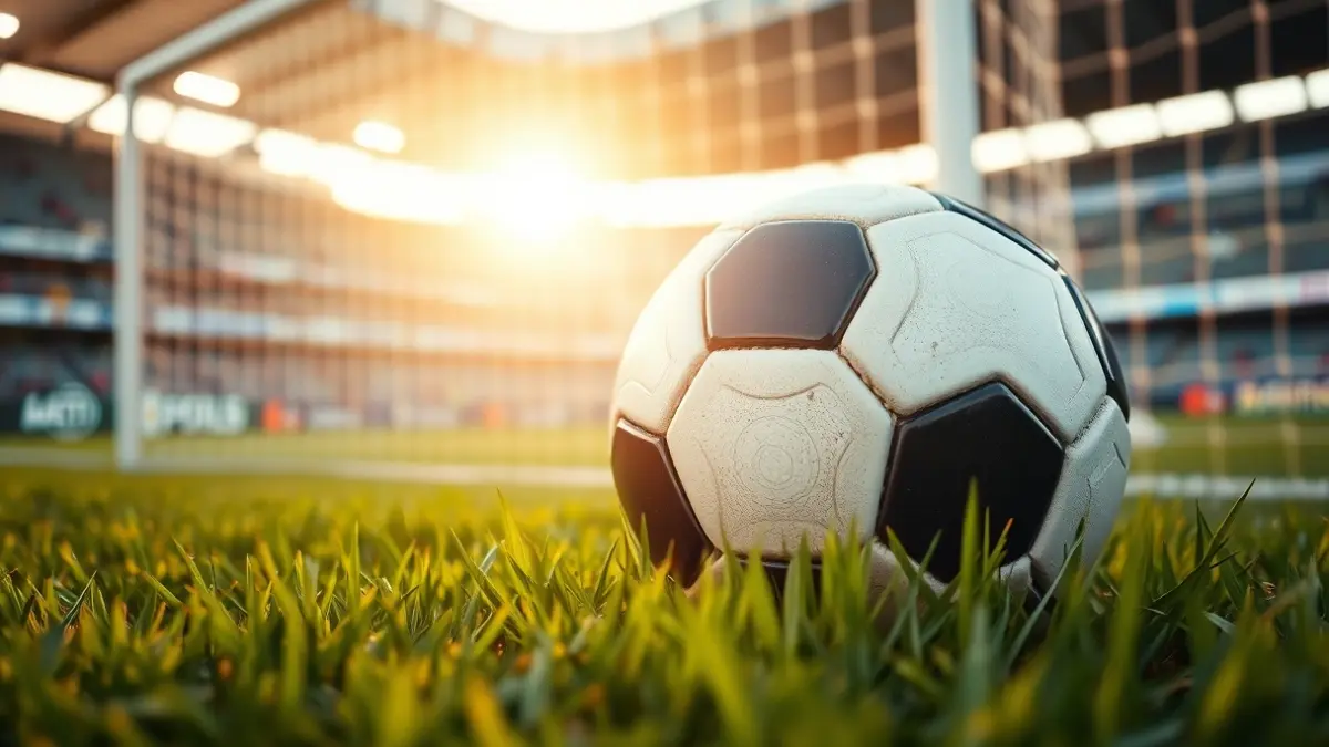 Generic image of a soccer ball on stadium grass, with a blurred goal net in the background.