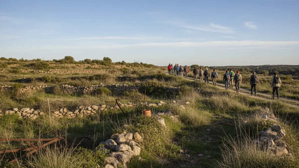 Imagen de un paisaje rural valenciano con bancales abandonados y campos cubiertos de vegetación, mostrando el impacto de la despoblación en la naturaleza.