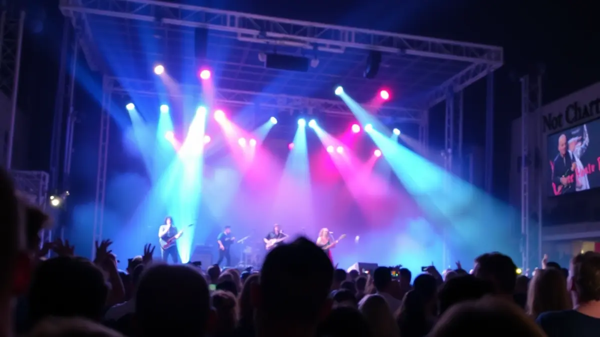 Imagen genérica de un concierto en vivo en una plaza mediterránea, con luces y una multitud borrosa.