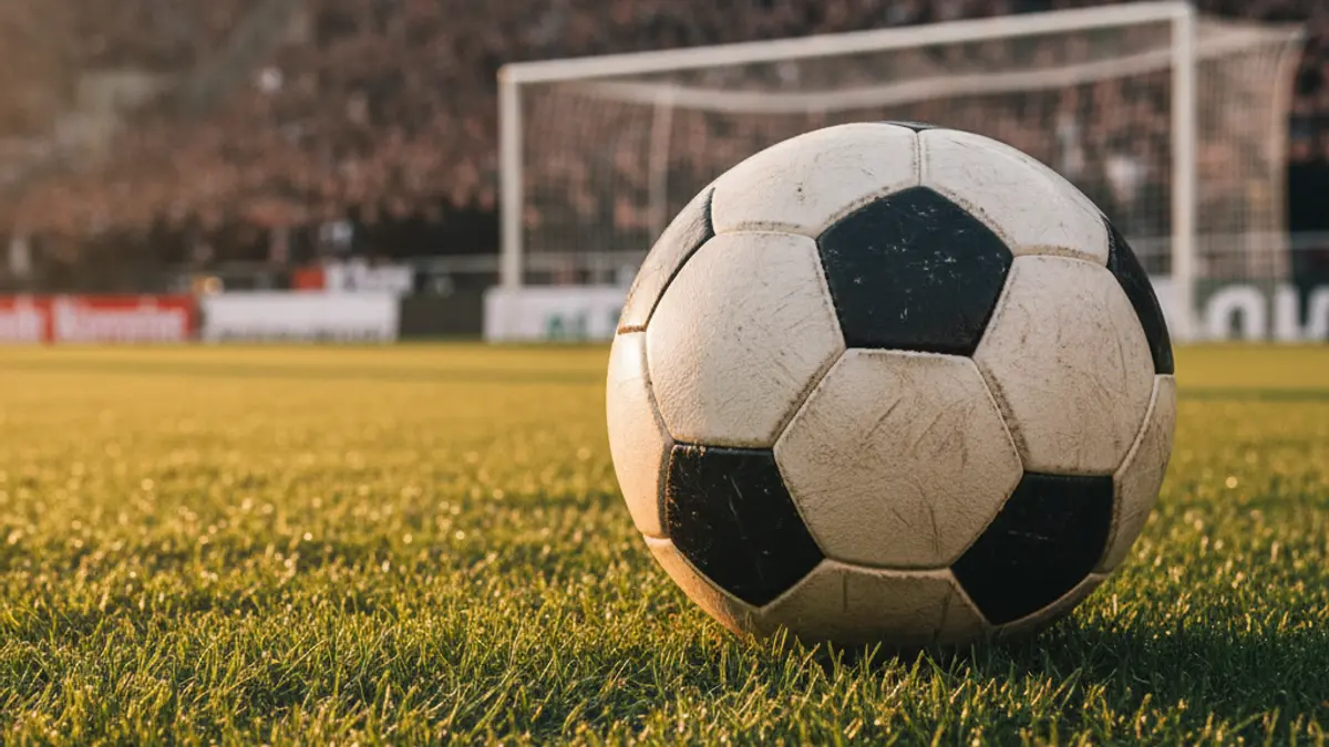 Generic image of a soccer ball on a grass field, with a blurred goal net in the background.