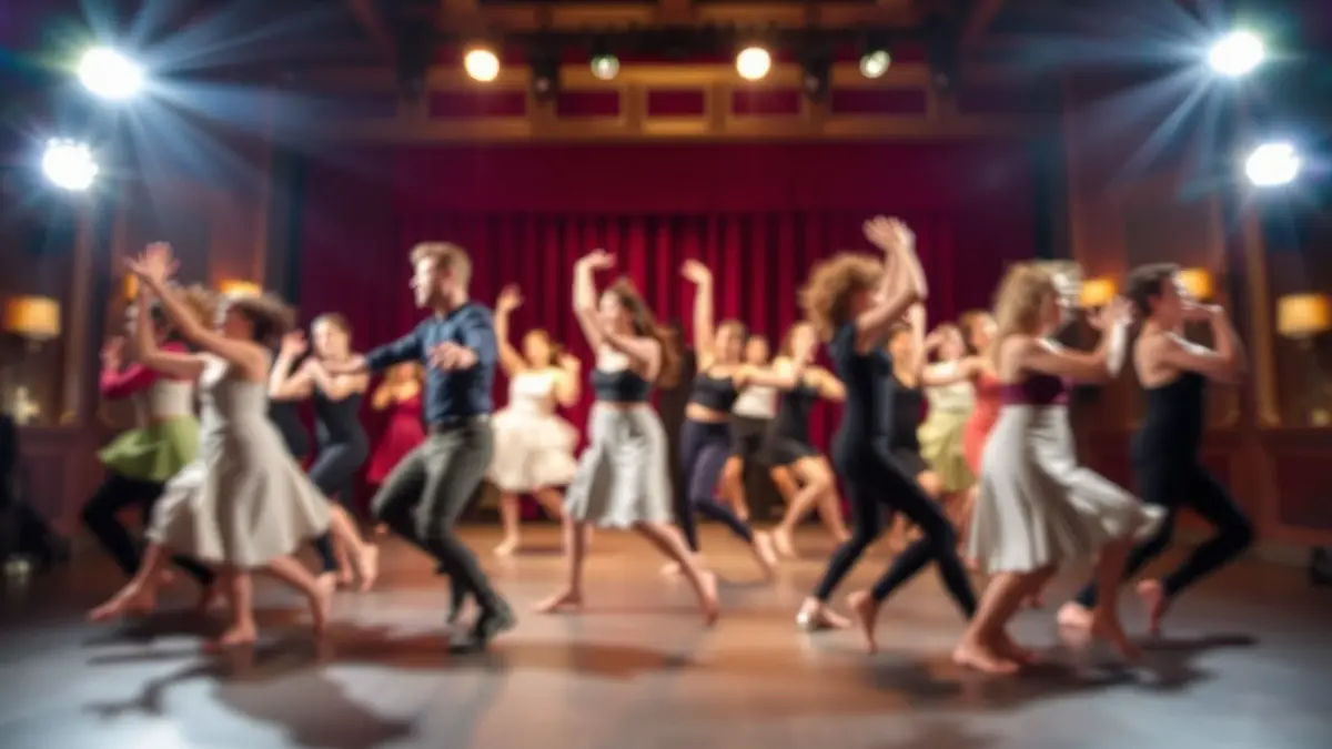 Imagen de un grupo de bailarines en movimiento en un escenario teatral, con luces cálidas y dramáticas.