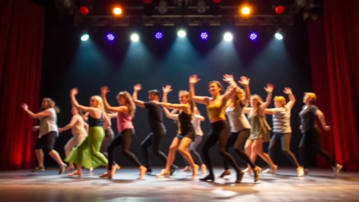 Imatge d'una representació de dansa contemporània amb ballarins en moviment sobre un escenari il·luminat.