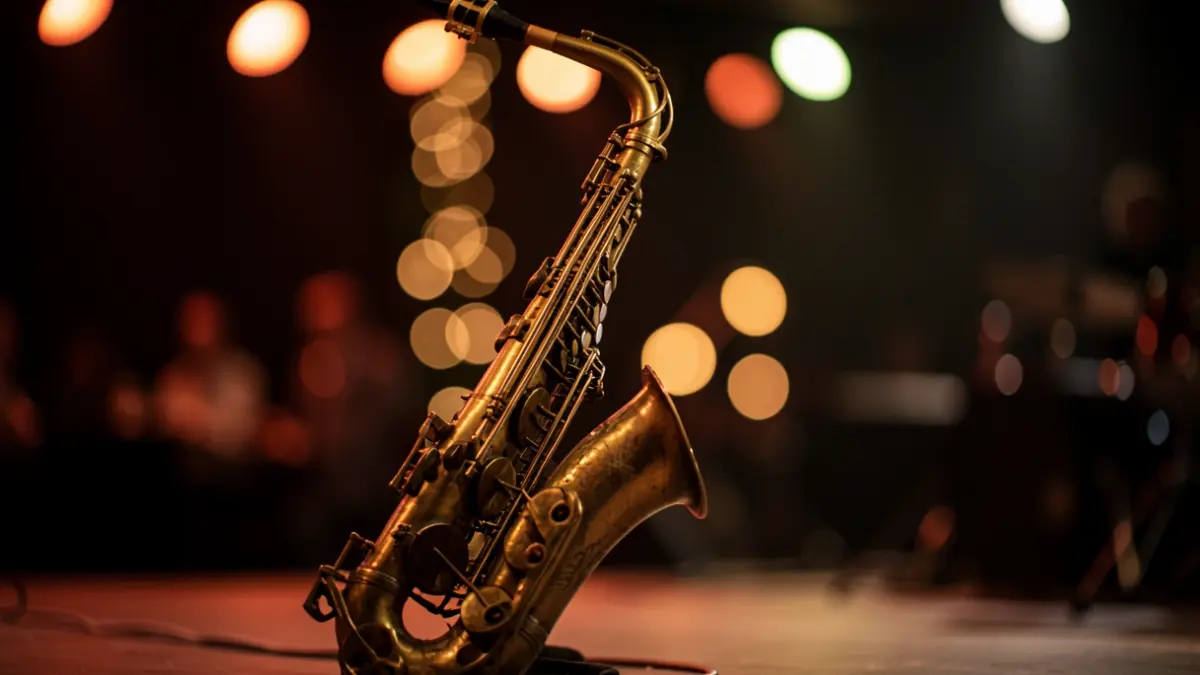 Generic image of a saxophone on a stage with blurred lights.