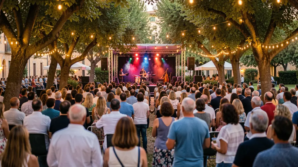 Generic image of an outdoor jazz festival in a Mediterranean city park, with an illuminated stage and audience enjoying the music.