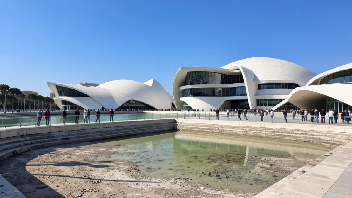 Imatge de la Ciutat de les Arts i les Ciències de València amb el llac buit.