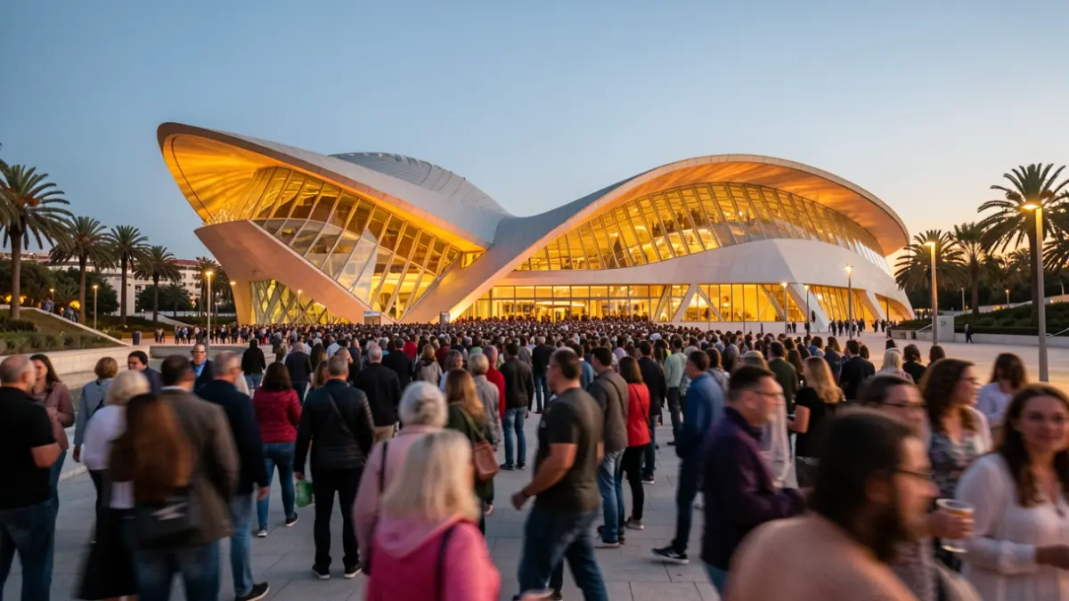 Imagen genérica de la Ciudad de las Artes y las Ciencias de Valencia con gente y luces nocturnas.