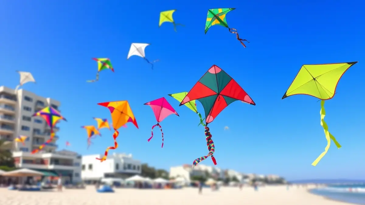 Generic image of colorful kites flying in a blue sky over a beach, with blurred Mediterranean buildings in the background.