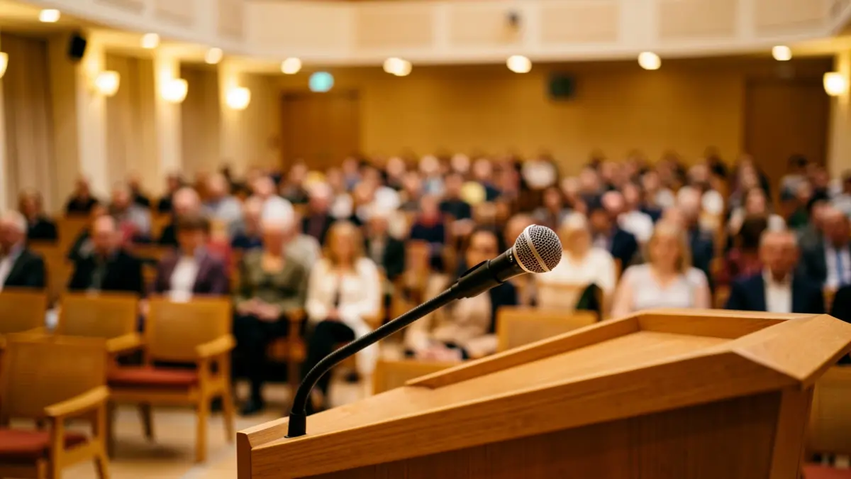 Generic image of a microphone on a podium in a cultural center.