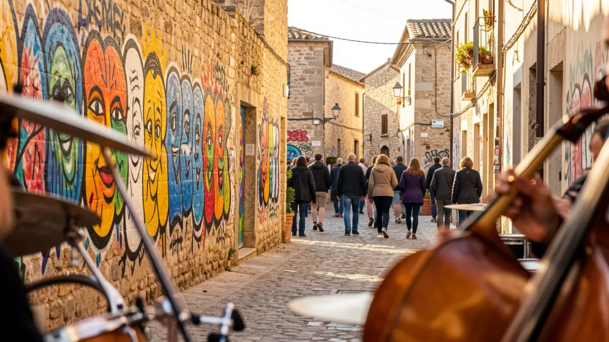 Image of a street decorated with urban art during the Safari Art festival in El Verger.