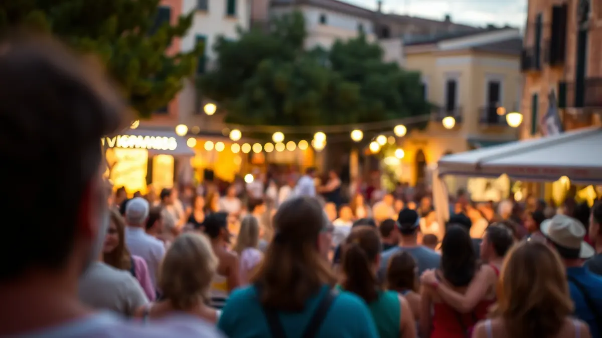 Imagen genérica de un festival de teatro callejero en una plaza mediterránea, con gente disfrutando de una actuación al aire libre.