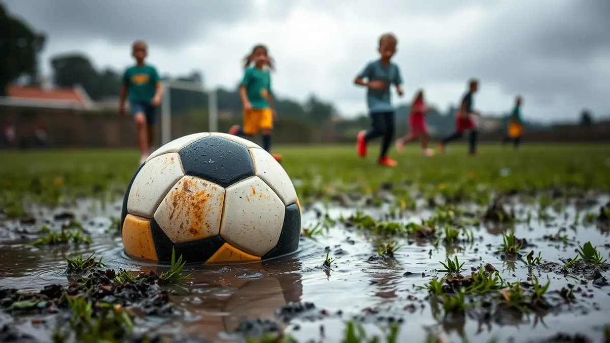Imatge d'un baló de futbol en un camp amb tolls d'aigua, amb xiquets jugant baix la pluja intensa en un ambient mediterrani.
