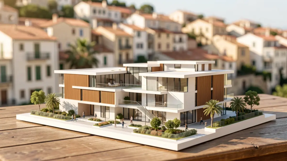 Maqueta d'un projecte urbanístic en una taula de fusta amb un entorn urbà desenfocat.