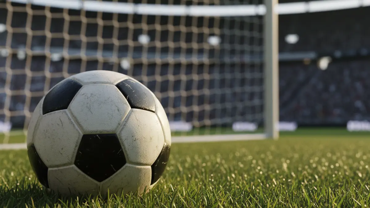 Imatge genèrica d'una pilota de futbol en la gespa d'un estadi, amb la porteria desenfocada al fons.