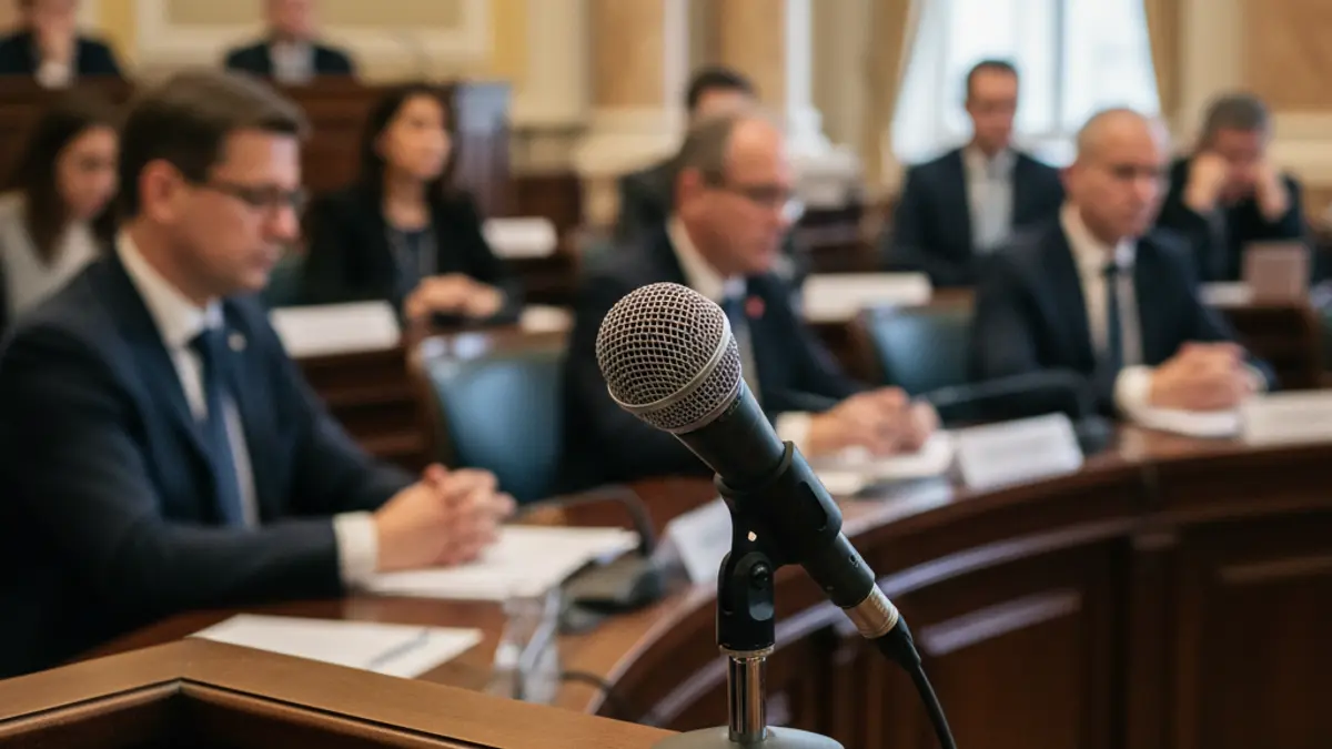 Imatge genèrica d'un micròfon en un faristol en una sala de plens, amb figures borroses de regidors al fons.