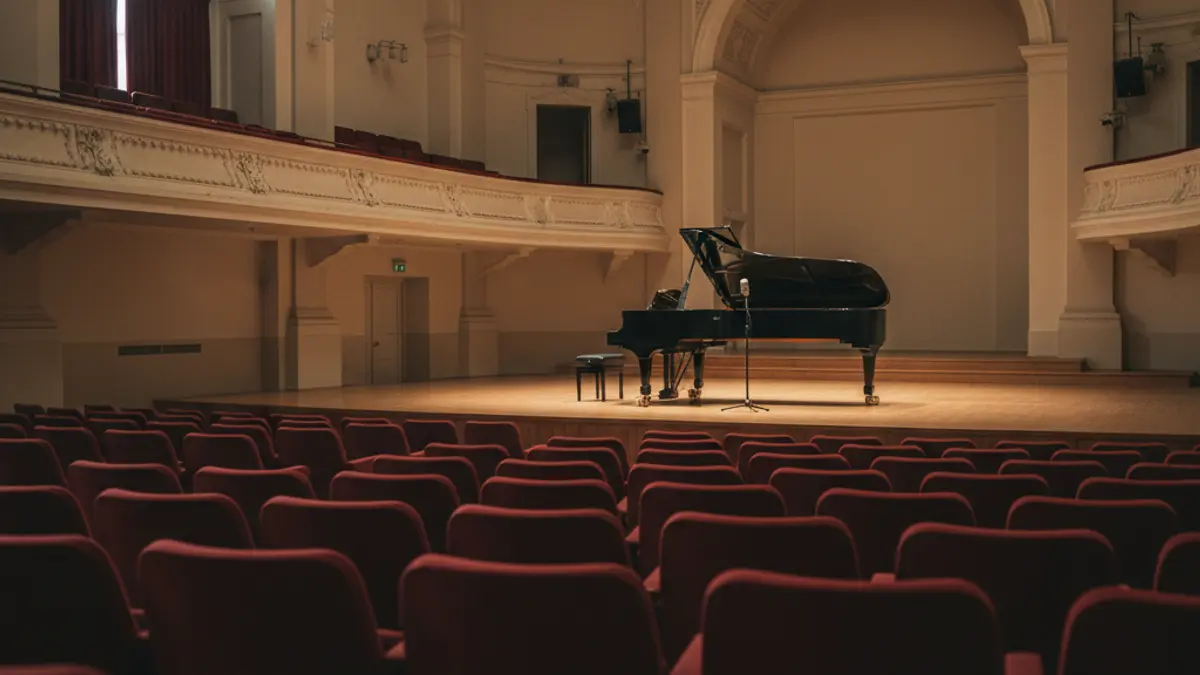 Imagen genérica de un escenario con un soporte de micrófono y un piano de cola, con sillas vacías en primer plano, sugiriendo una sala de conciertos después de una actuación.