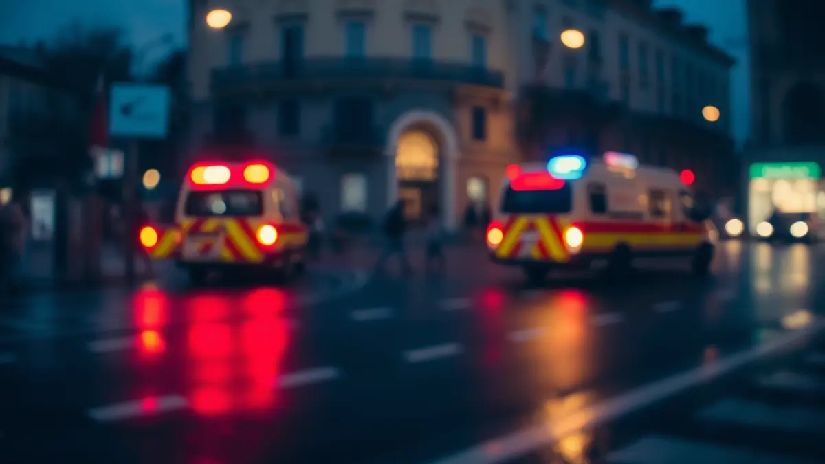 Imagen genérica de luces de emergencia reflejándose en una calle mojada de noche, con un edificio borroso al fondo, en una ciudad mediterránea.