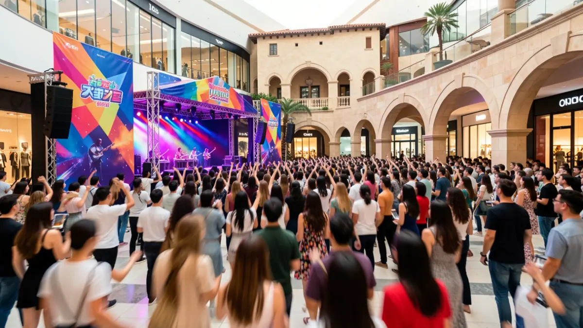 Generic image of a K-pop festival in a shopping mall with a festive atmosphere.