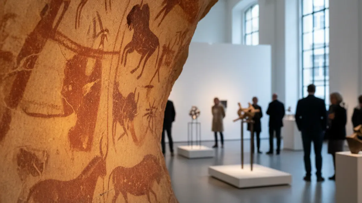 Imagen que simboliza la unión entre el arte rupestre y el arte contemporáneo en un museo.