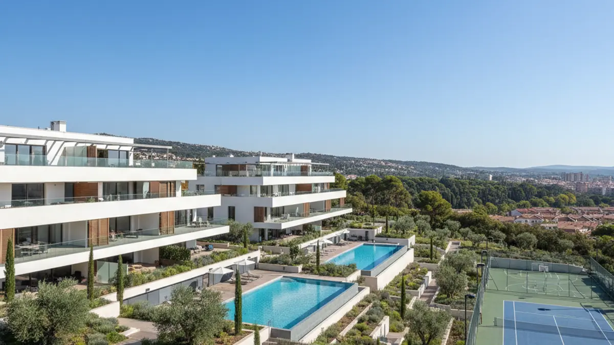 Imatge genèrica d'urbanitzacions modernes amb piscina i zones esportives en una ciutat mediterrània.