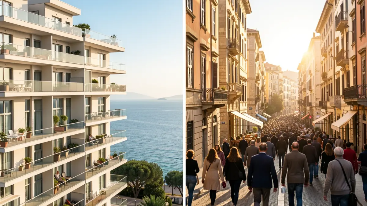 Imagen genérica de la dualidad del mercado inmobiliario entre una zona costera y una zona urbana.