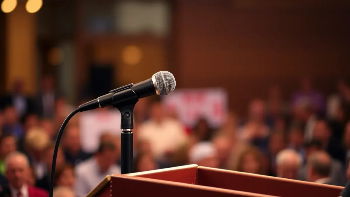 Generic image of a microphone on a podium, symbolizing political discourse.